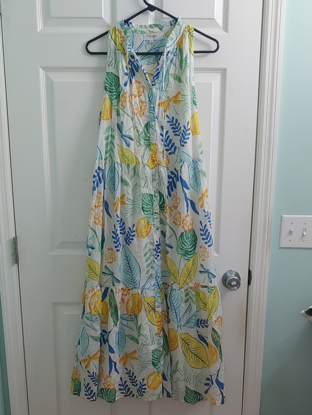 Olivia James The Label Tiered Midi Dress Women's S Botanical Lemon Dragonfly